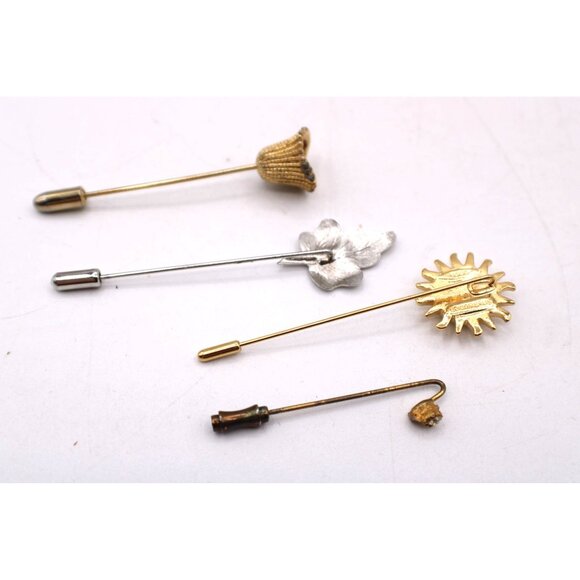 Vintage Lapel Stick Pins Set 4 Sunflower Leaf Floral Designs Gold Silver Tone - Picture 6 of 6